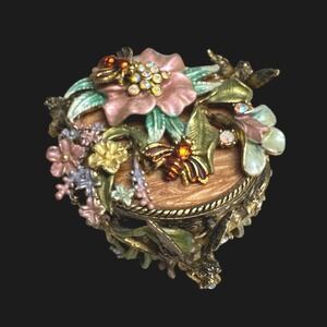 Vintage Style Fairy and Bumblebee Enamel Trinket Box Jeweled Floral Gold Tone
